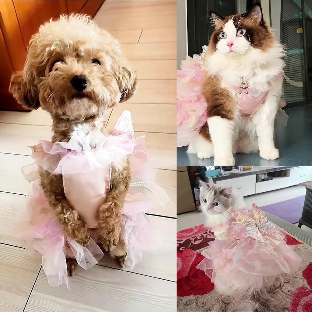 Butterfly Dog Costume - Pink Dress with Leash Ring for Small Dogs & Kittens - Lolita Puppy Clothes for Girl Dogs & Cats 