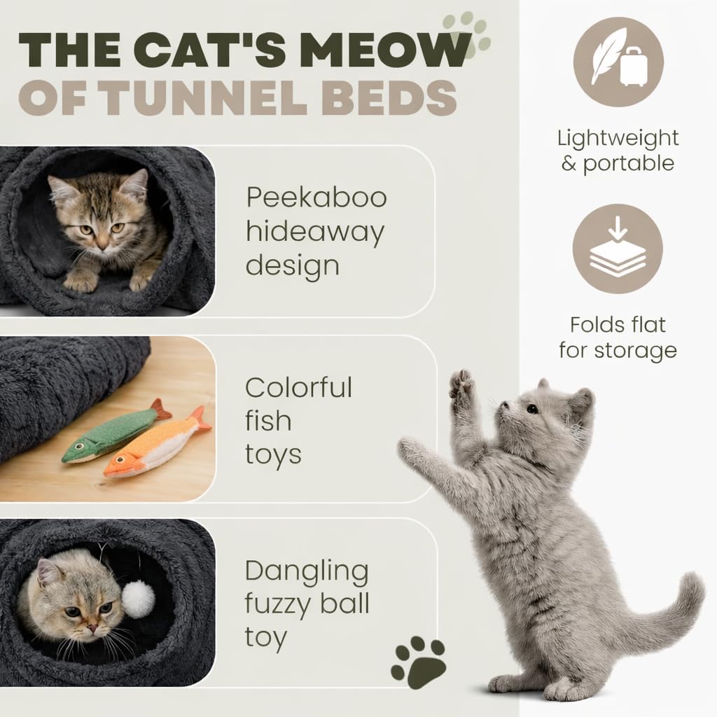 Cat Tunnel Bed with 2 Catnip Fish Toys, Interactive Cat Toys, Dark Grey