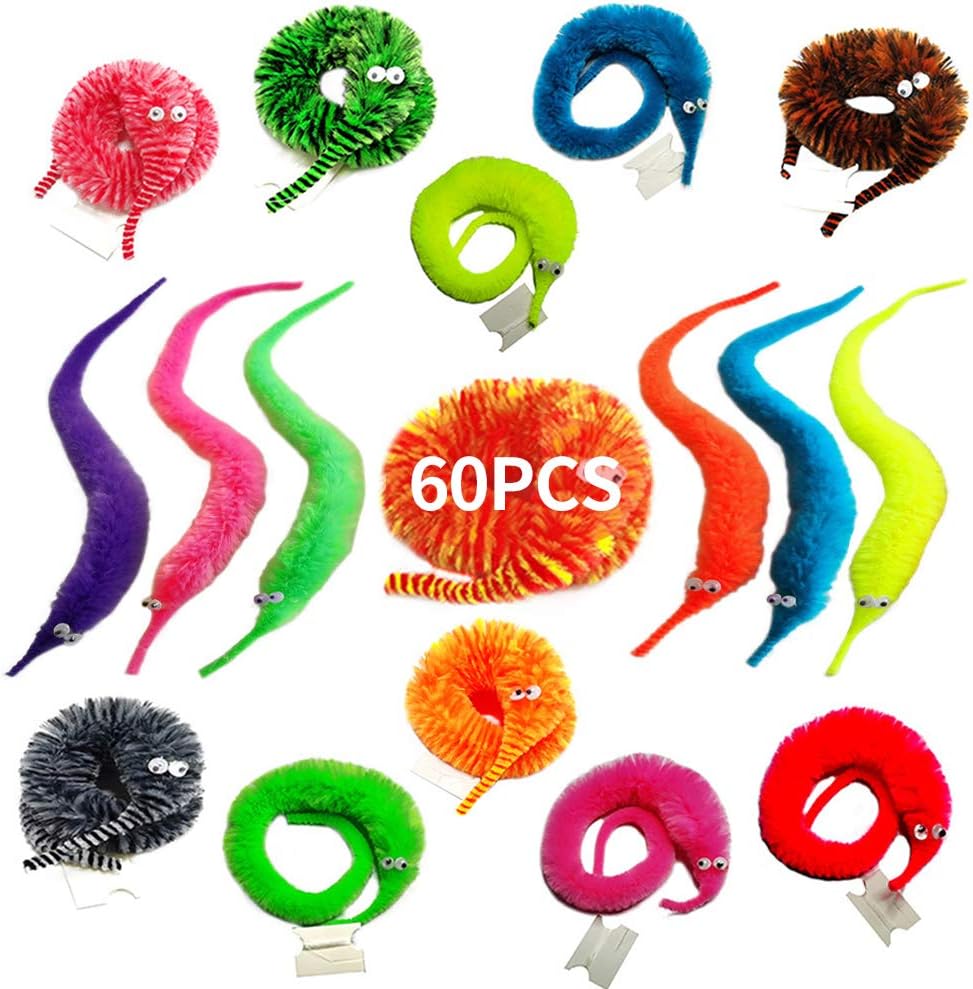 SHENGSEN Rainbow Fuzzy Worm Toys Tricky Worms on String Bulk,6 Pack