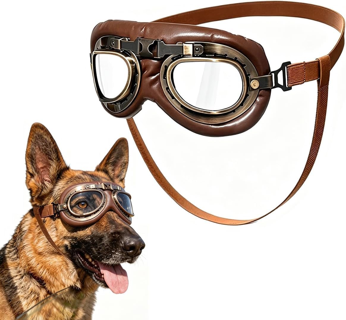 Vintage Dog Goggles Adjustable Strap Retro Aviator Foldable PC Lens