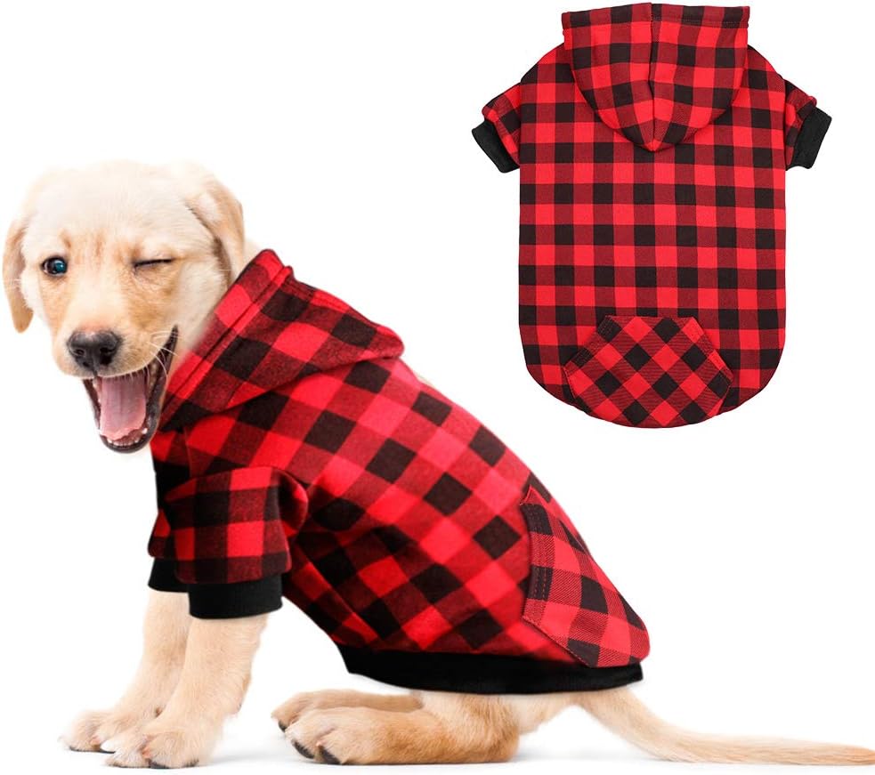 Red Plaid Dog Hoodie Sweater for Dogs Pet Clothes with Hat and Pocket（XL）