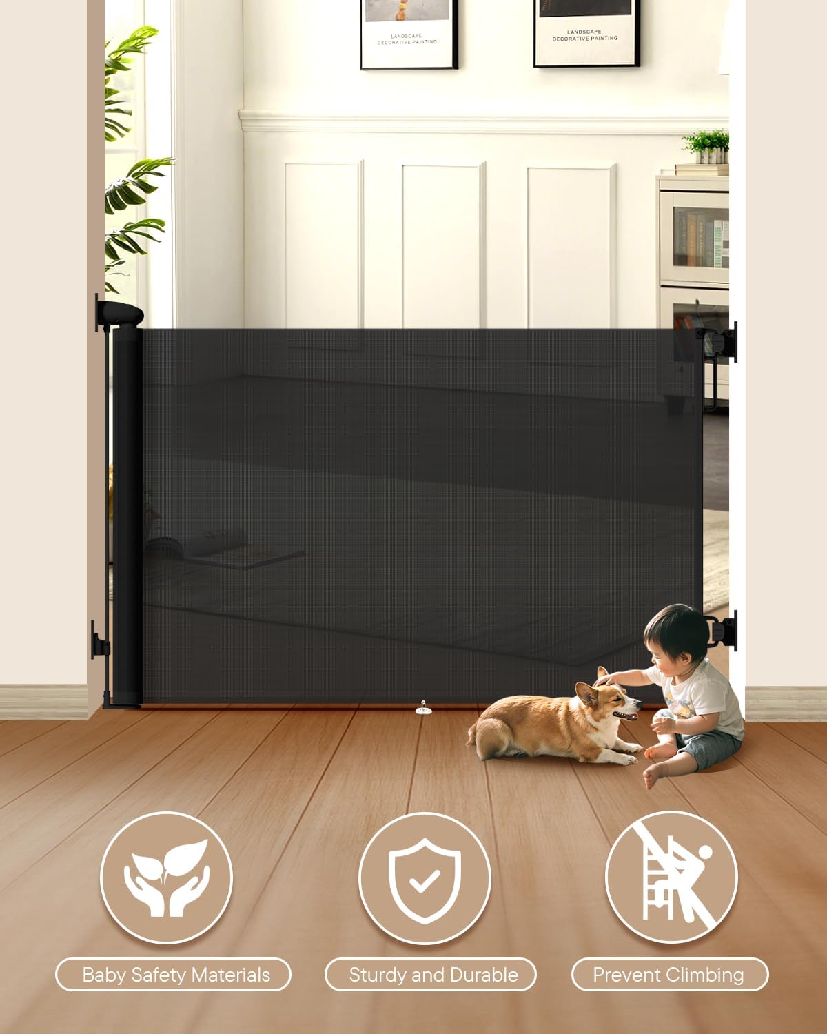 Retractable Baby Gates, 34" Tall Fits Up to 55" Wide, Black
