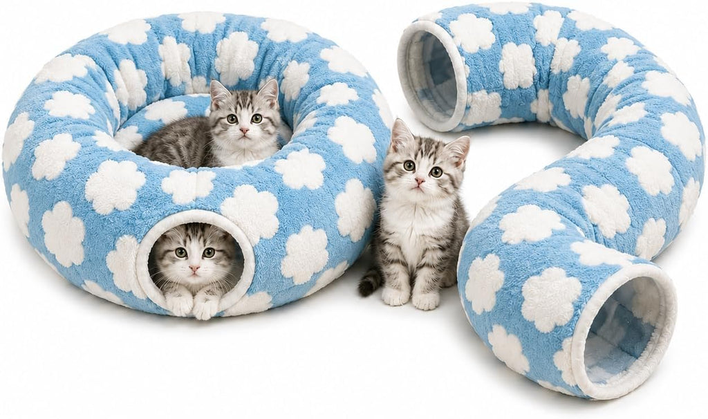 Cat Tunnel Bed with Washable Cushion for Indoor Cat, Donut Cave Tube Toys for Kitten Puppy Rabbit, Brown