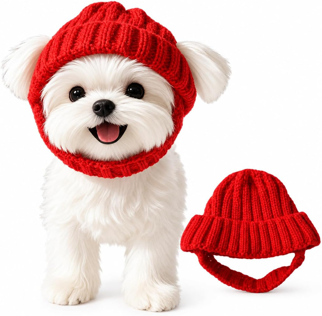 Warm Knitted Dog Beanie Hat with Ear Holes, Stretch Ribbed Winter Pet Headwear with Chin Strap, Cute Cold Weather Dog Ca