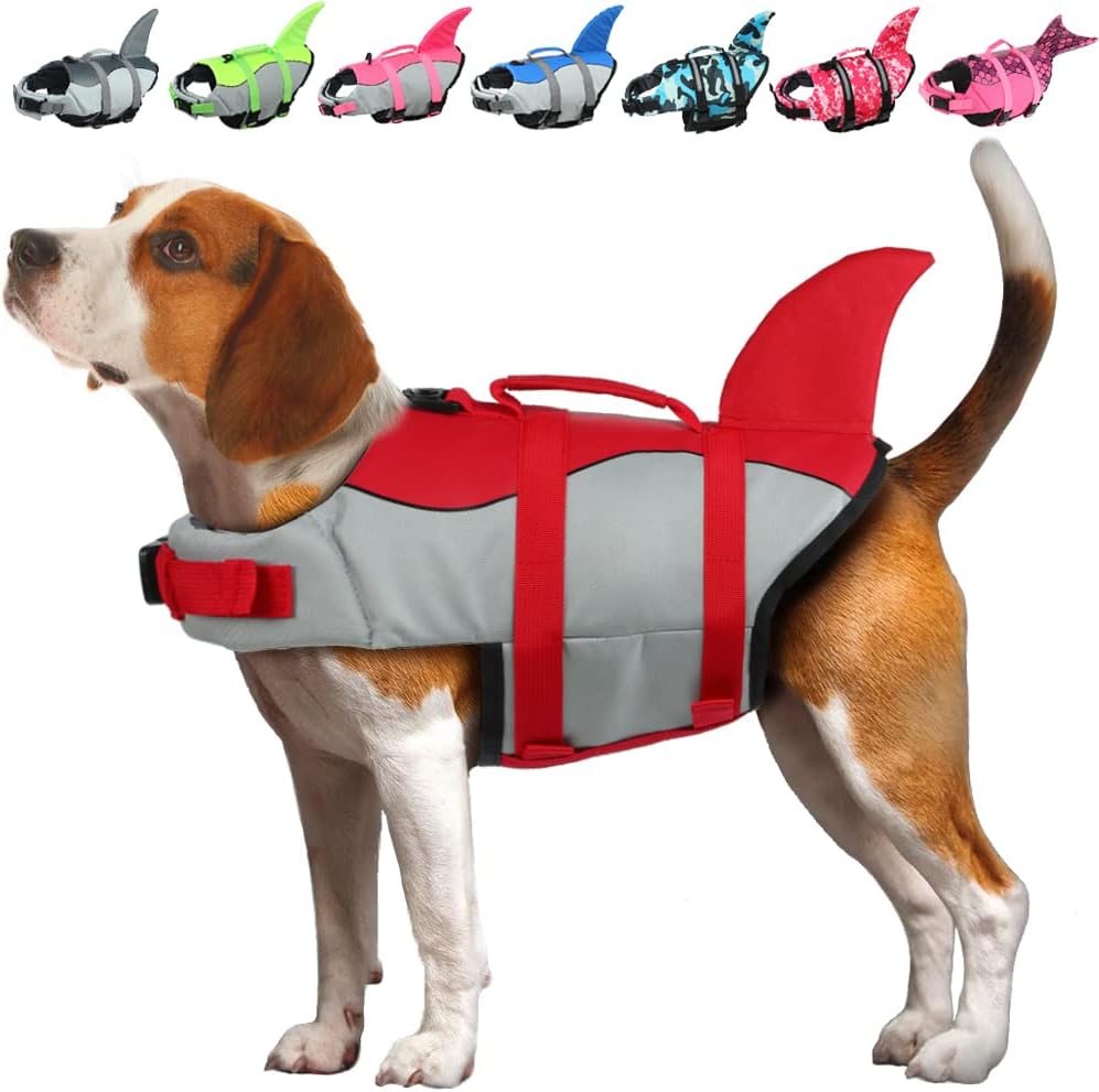 EMUST Shark Dog Life Jackets for Water Safety - Adjustable Ripstop Pet Life Vest with Rescue Handle for Swimming Pool, B