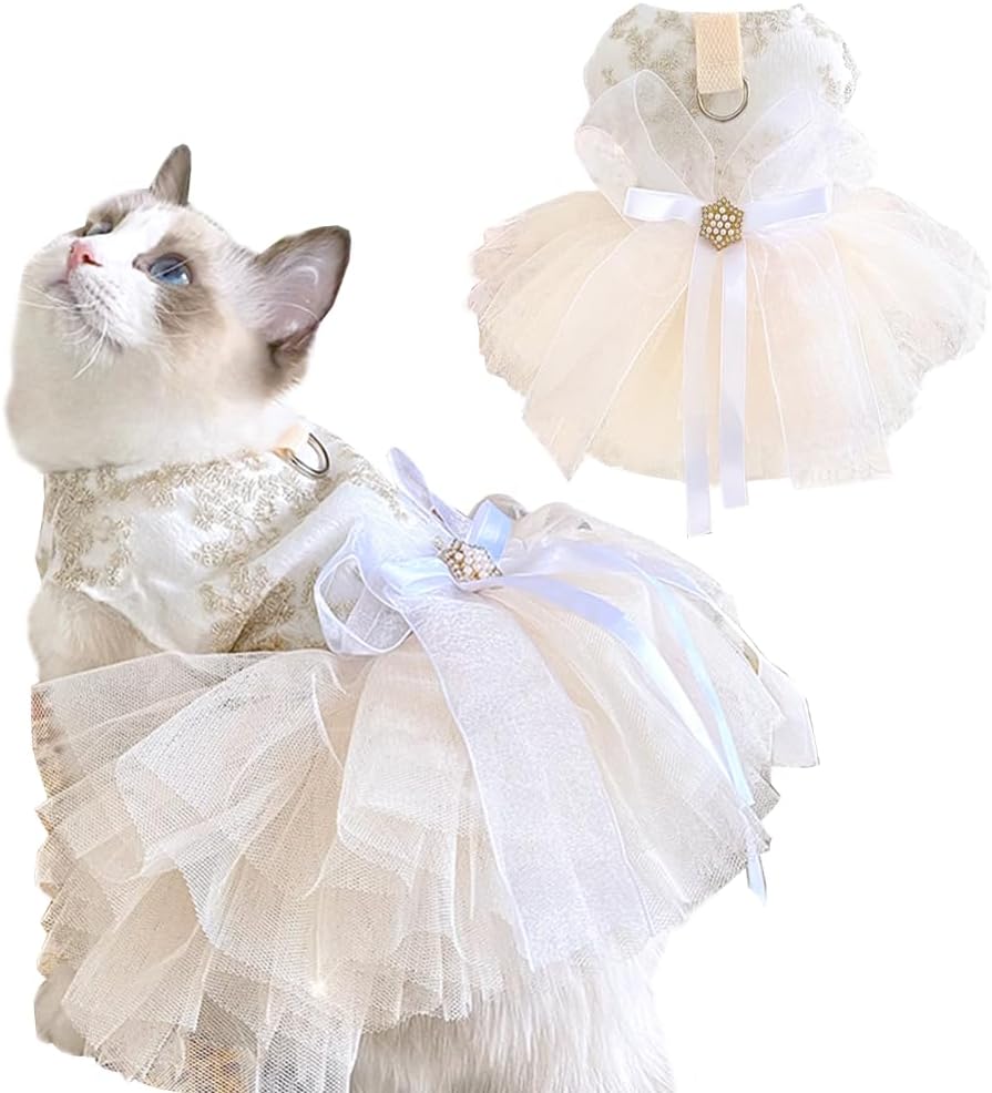 Fancy Dog Dresses with Leash Ring, Embroidered Dog Wedding Dress, Bow Puppy Clothes for Small pet Girl Multi-Layer Lace 