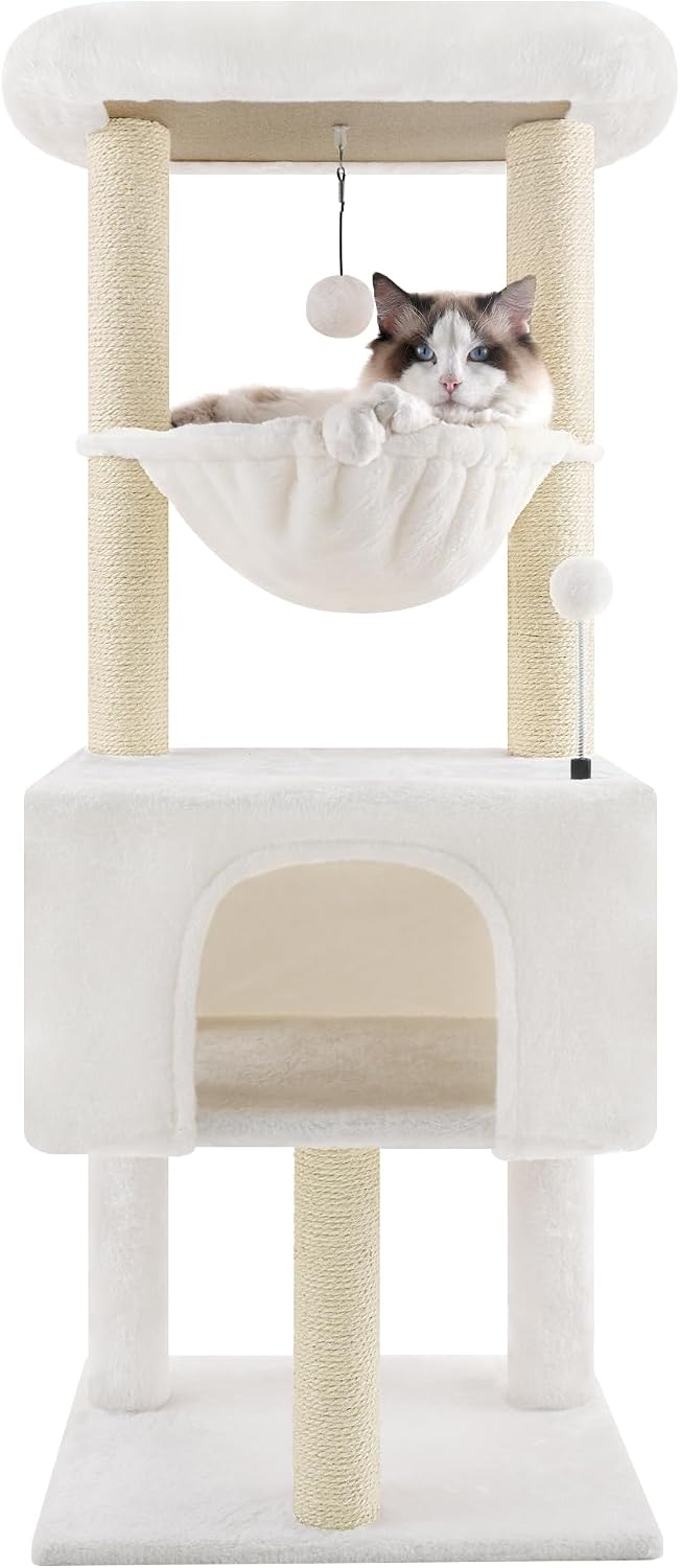 32" Cat Tree for Indoor Cats, 2-in-1 Cat House with Sisal Scratching Post & Ramp, 2-Level Cat Tower with Rotatable Feath