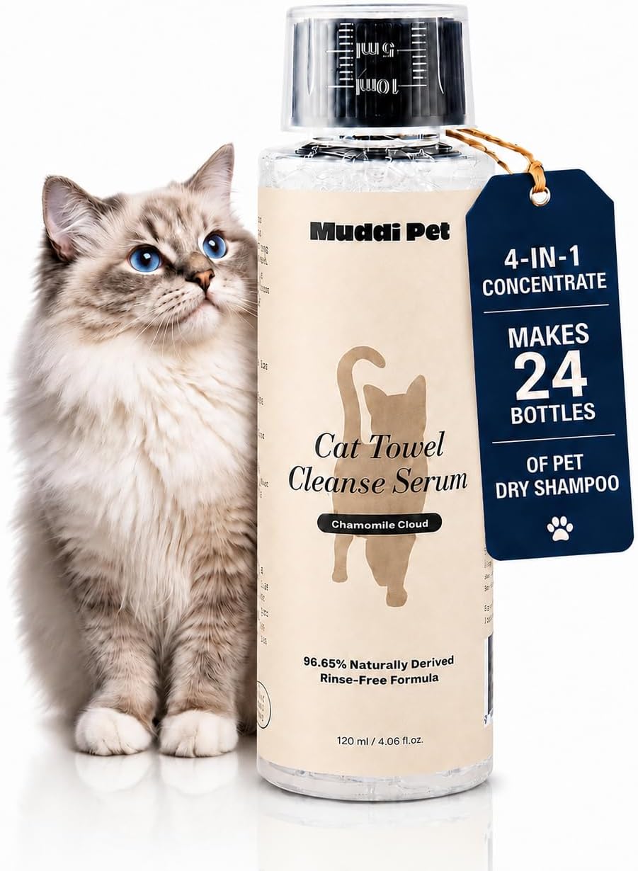 4-in-1 Waterless Cat Shampoo and Conditioner Concentrate with Mitt, Makes 24 Bottles of Dry Shampoo for Cats – Cleanses,
