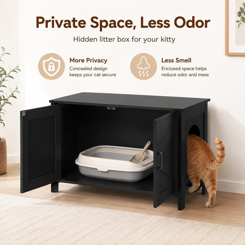 31.5"L Cat Litter Box Enclosure with Barn Door, Black