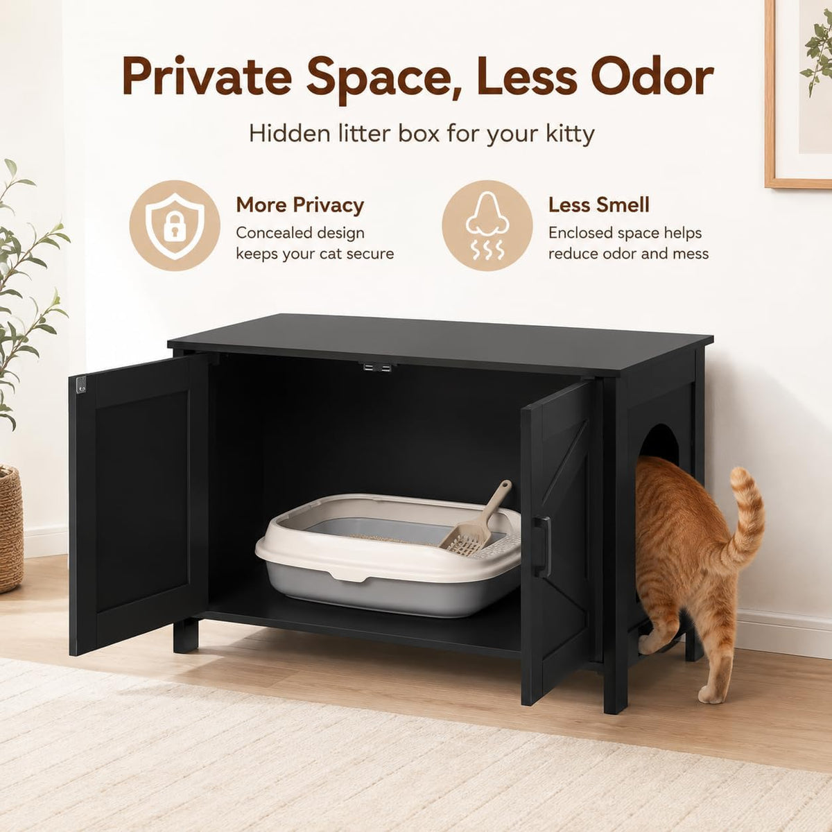 31.5"L Cat Litter Box Enclosure with Barn Door, Black