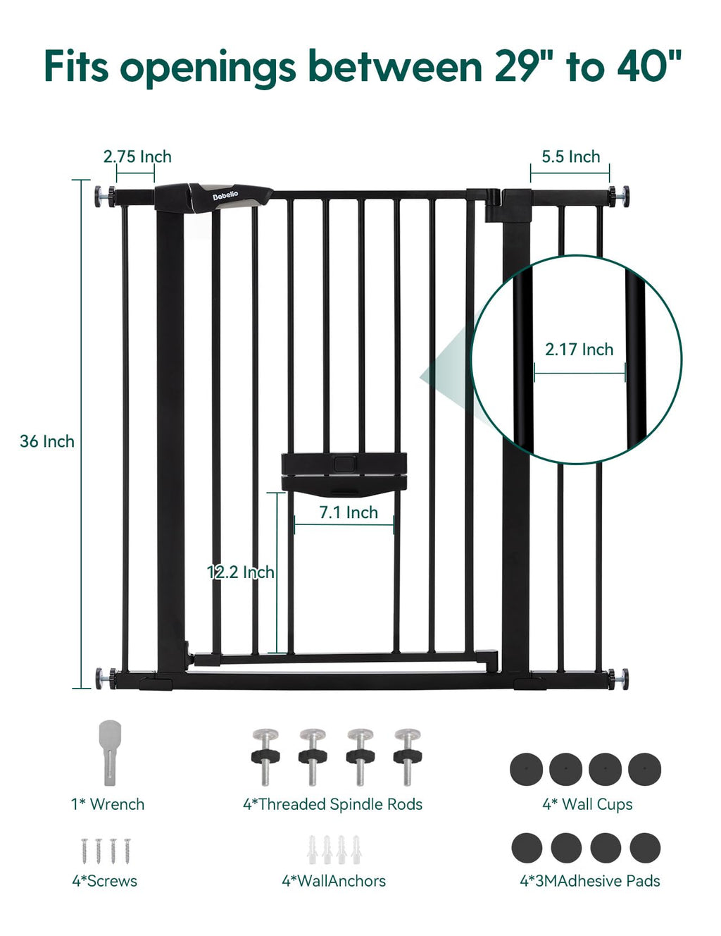 Babelio 36" Tall Pet Gate with Cat Door, CatPrivilege II, 29-40", Black