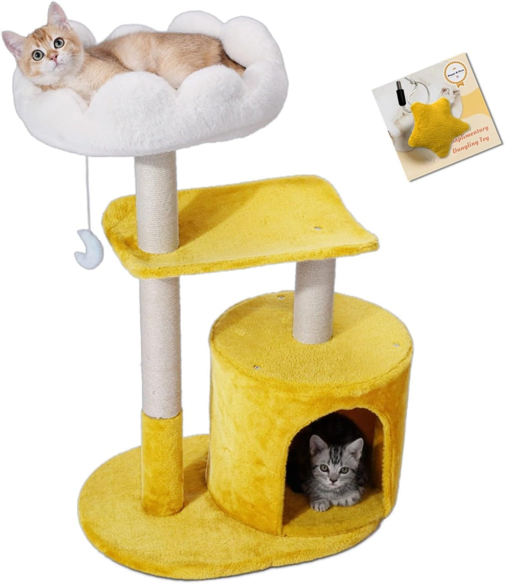 Cat Tree, Cloud Cat Tower with Soft Bed, Cat Scratching Post & Pad with Larger Perch for Window Viewing, Small Cat Tree 