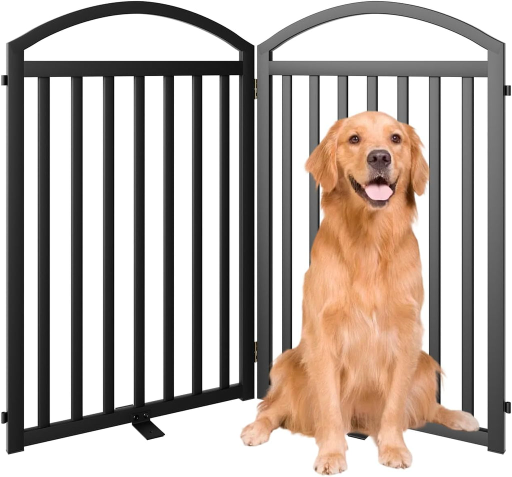 4 Panels Full Matel Freestanding Dog Gates with Door, 96"Extra Wide 32"Tall Free Standing Dog Pet Gate for Indoor & Outd