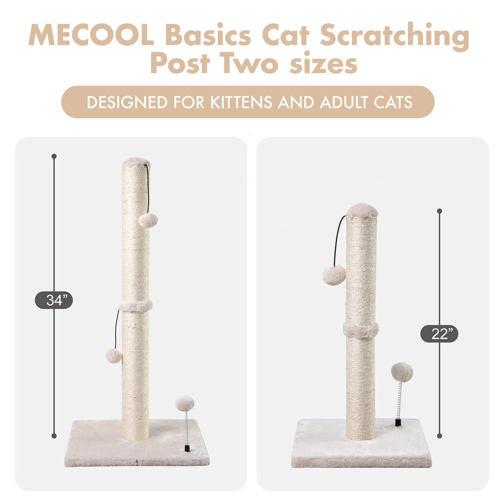 MECOOL 34” Tall Cat Scratching Post Premium Basics Kitten Scratcher Sisal Scratch Posts Trees with Hanging Ball for Indoor Cats, Beige