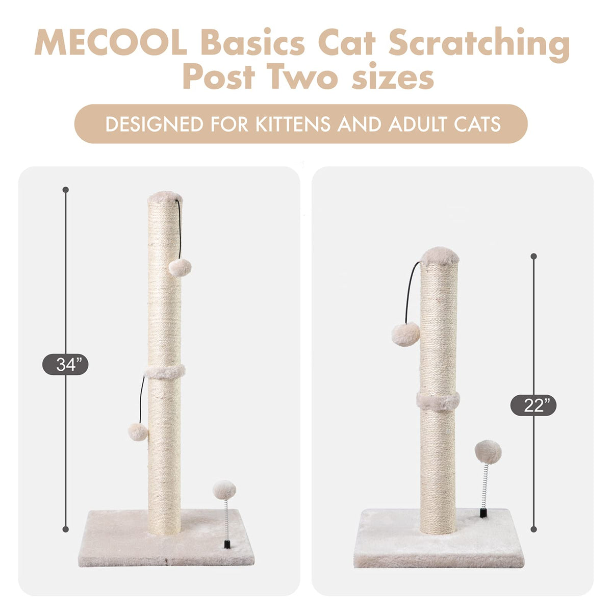 MECOOL 34” Tall Cat Scratching Post Premium Basics Kitten Scratcher Sisal Scratch Posts Trees with Hanging Ball for Indoor Cats, Beige