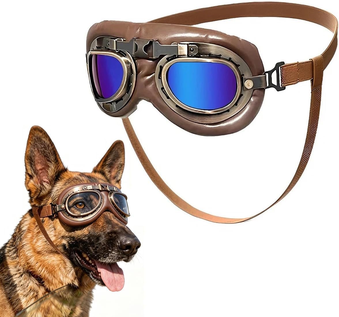 Vintage Dog Goggles Adjustable Strap Retro Aviator Foldable PC Lens