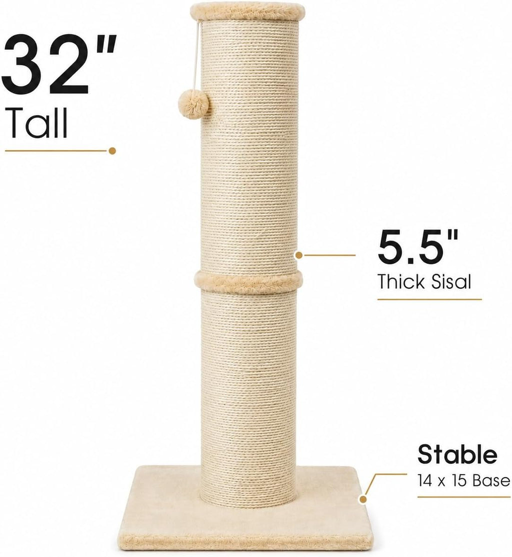 PAWSCRAT 32-Inch Tall Cat Scratching Post, 5.5-Inch Diameter, Sisal, Beige