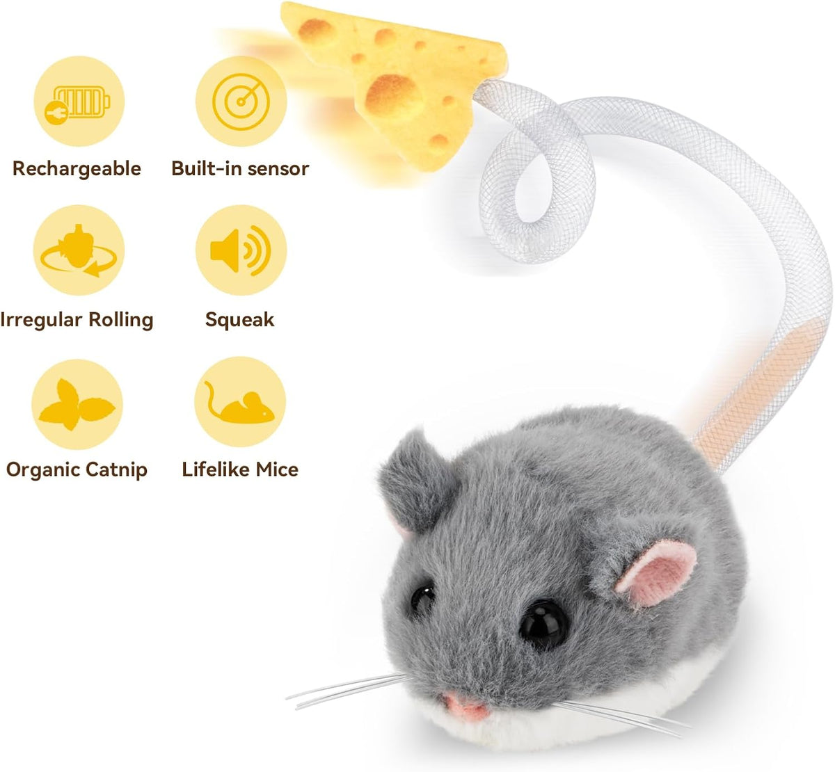 Migipaws Interactive MigiMouse Cat Toy 360° Rolling & Spin with Mesh Plastic Tail for Indoor Cats Smart Motion Sensor, R