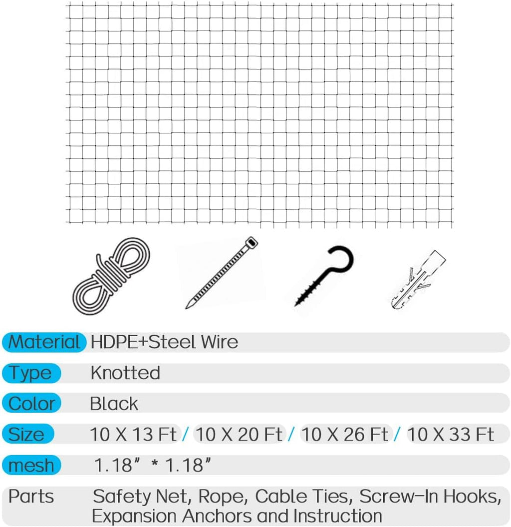 Cat Balcony Net, Steel Wire Reinforced, Anti-Fall Fence, Safety Net, Extra Strong (10 X 13 Ft)