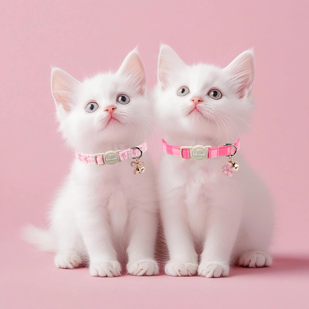 Babole Pet 2 Pack Pink Cat Collars - Spring Summer Breakaway Cat Collar with Bell, Bow and Flower Pendant, Adjustable Kitten Collars for Girl Cats, Cute Pink Plaid &Bow