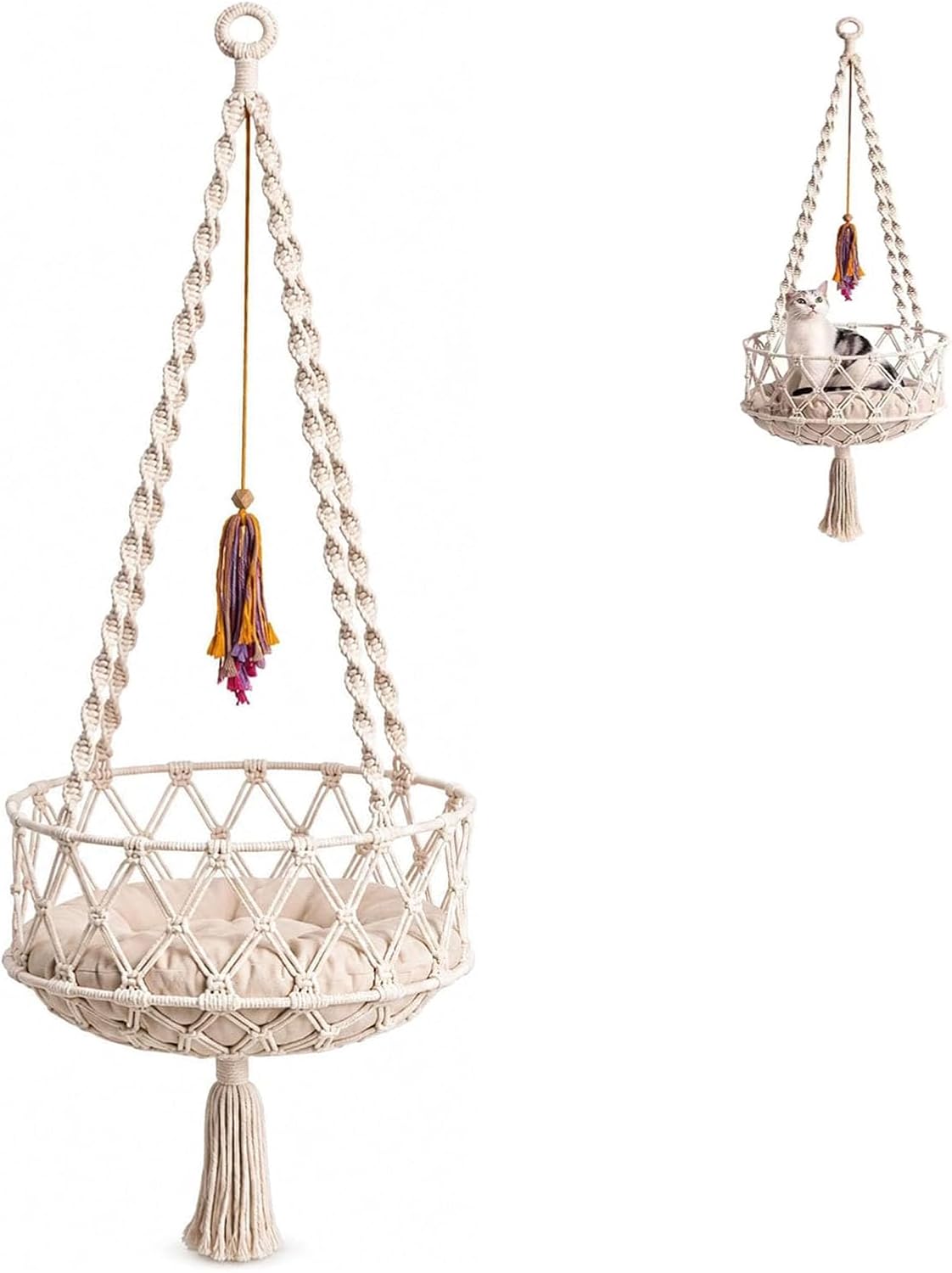 Macrame Cat Bed Hanging, Boho Hammock with Cushion for Indoor Cats (C,Diameter 50 cm)