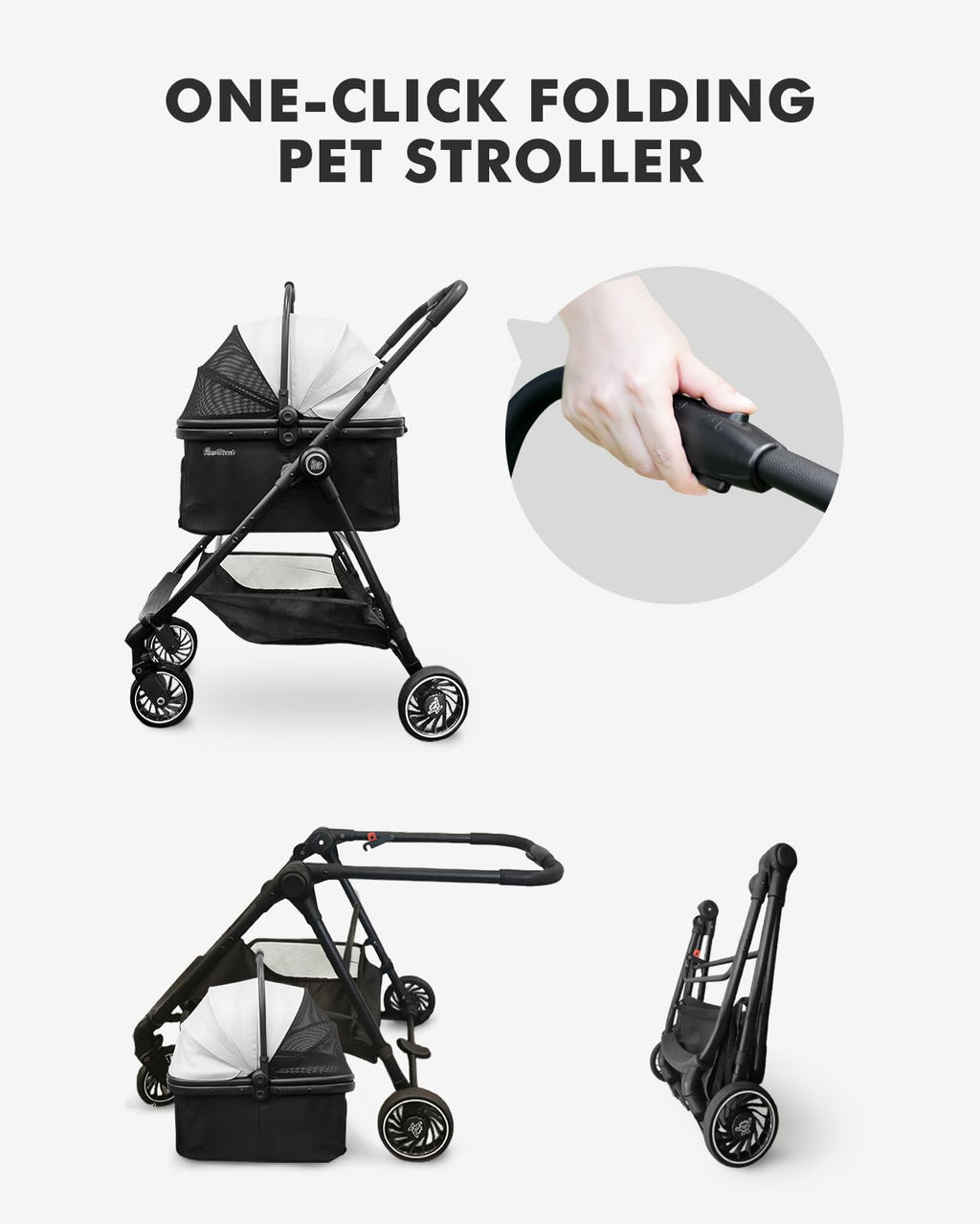 Pawccoli Pet Stroller for Small Dogs and Cats, One-Click Foldable Dog Stroller with Detachable Carrier & 3 Safety Tethers, Holds up to 33 lbs, Storage Basket & Cup Holder, Breathable Mesh, Black