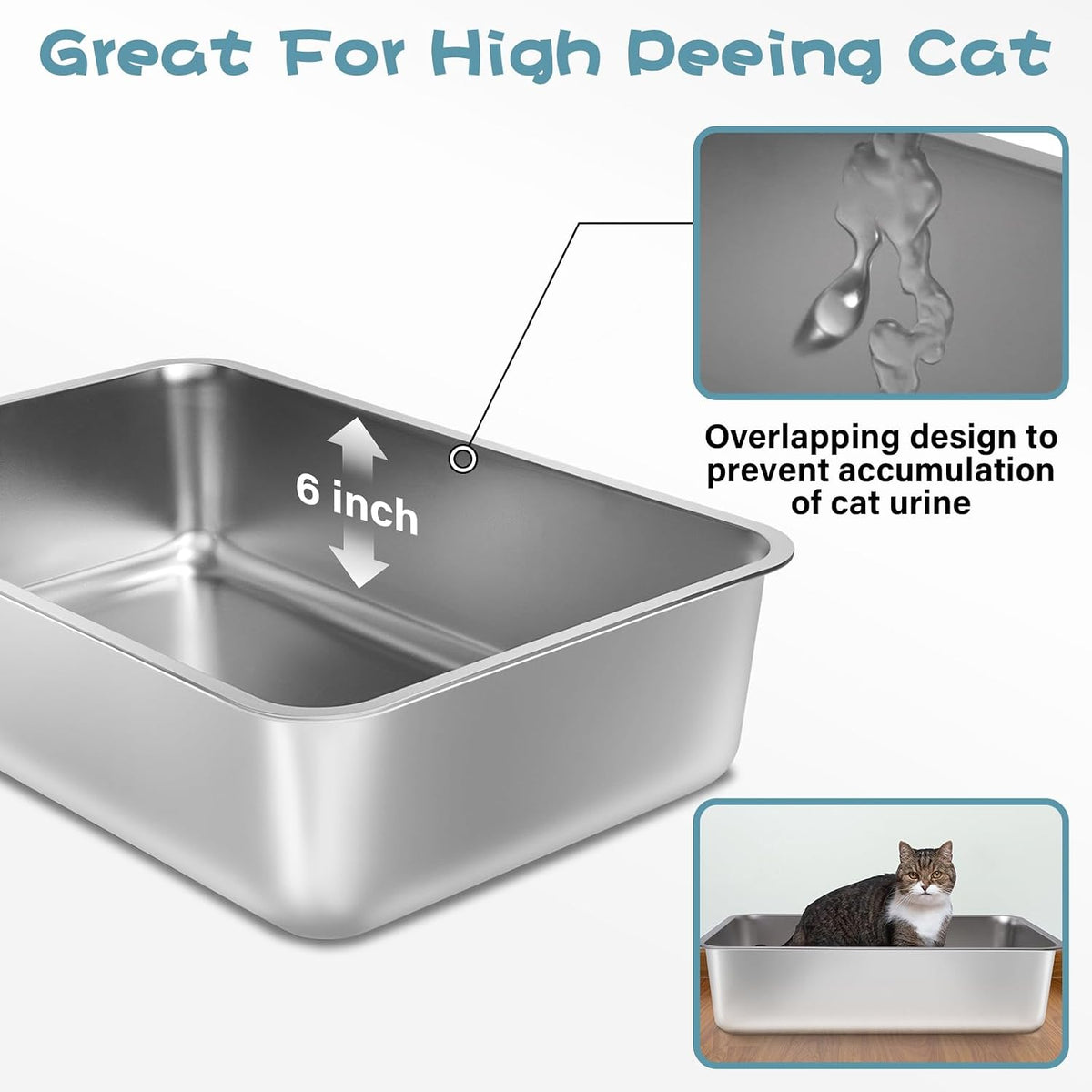 Stainless Steel Litter Box, 23.6“x15.7"x6" Deep Stainless Steel Cat Litter Box Extra Large, XL Metal Litterbox for Big C