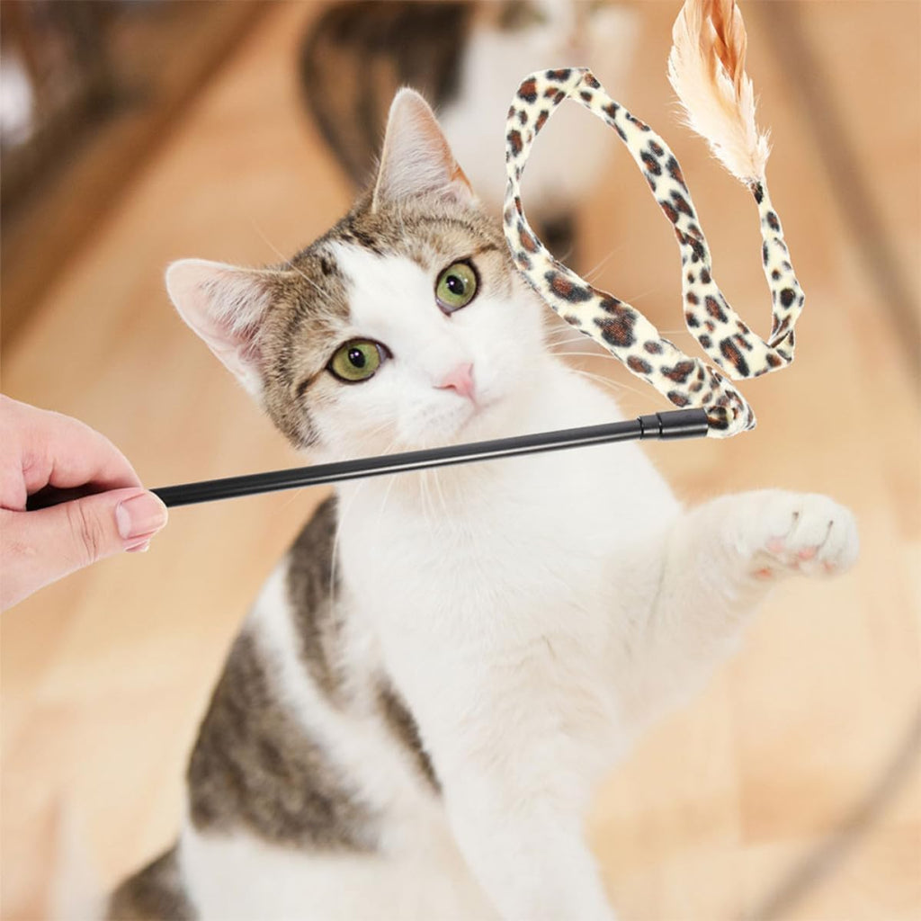 WOONEKY 4pcs Leopard Print Feather Cat Teaser Wand Interactive Plaything