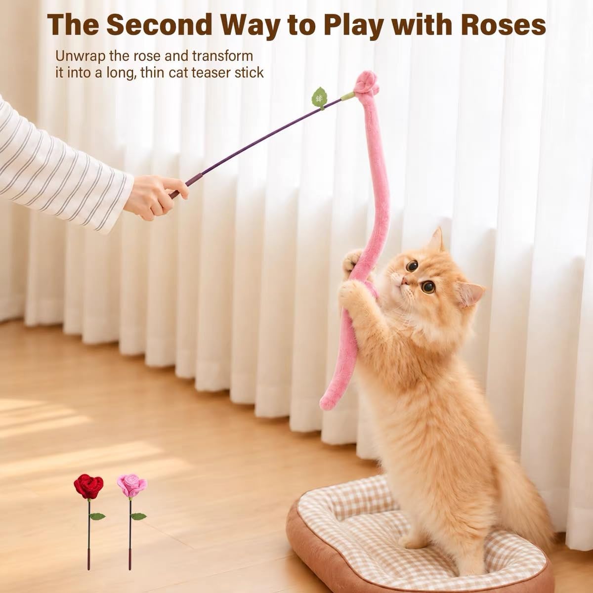 Rose Cat Wand, Velvet Teaser with Bell & Crinkle (pink)