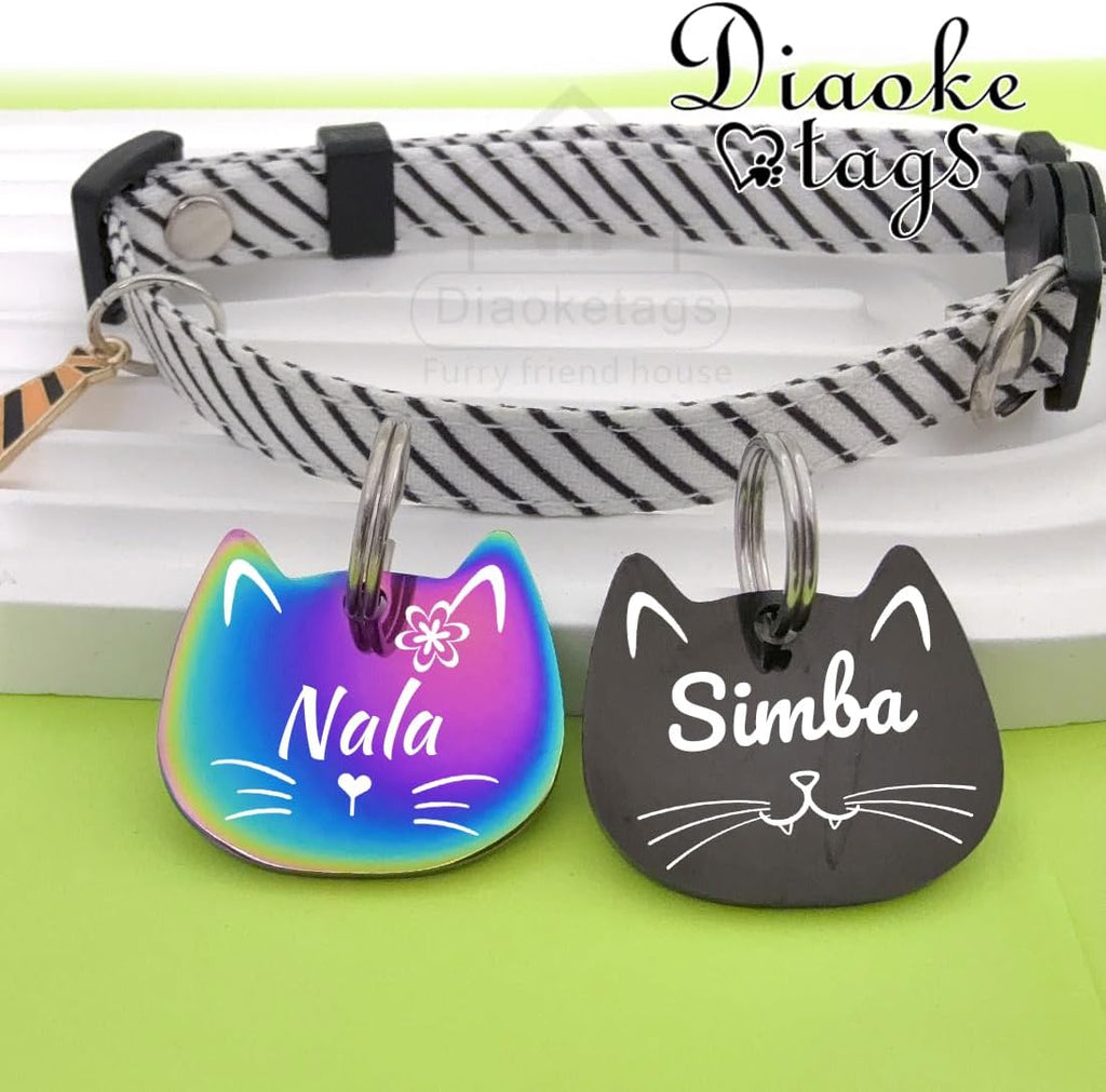 Personalized Cat Head ID Tag, Stainless Steel Engraved Pet Name Tag