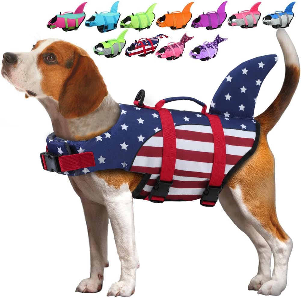 EMUST Shark Dog Life Jackets for Water Safety - Adjustable Ripstop Pet Life Vest with Rescue Handle for Swimming Pool, B