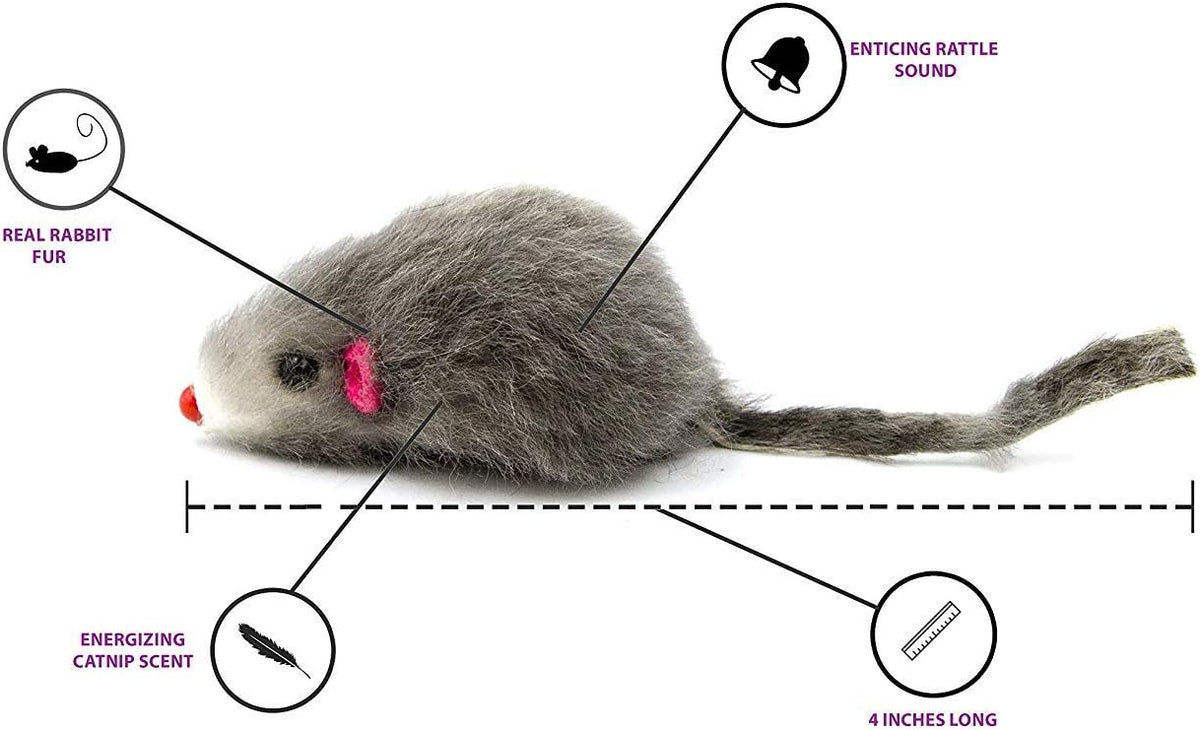 20 Furry Mice with Catnip and Rattle Sound Made of Real Rabbit Fur Interactive Catch Play Mouse Toy for Cat, Pack of 20 