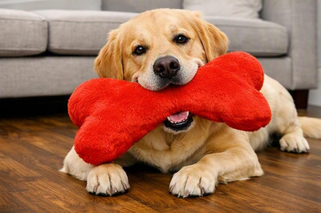 PUREPET Dog Toy Giant Plush Bone 2 Squeakers Mega Huge Sized Soft and Large Play Cuddle (Red)
