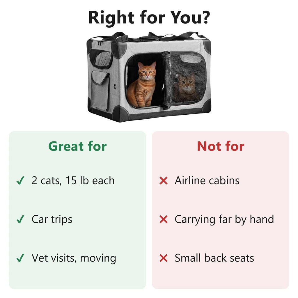 FuzzyNest Large Cat Carrier for 2 Cats, 24x17x17 in, Metal Frame, Gray