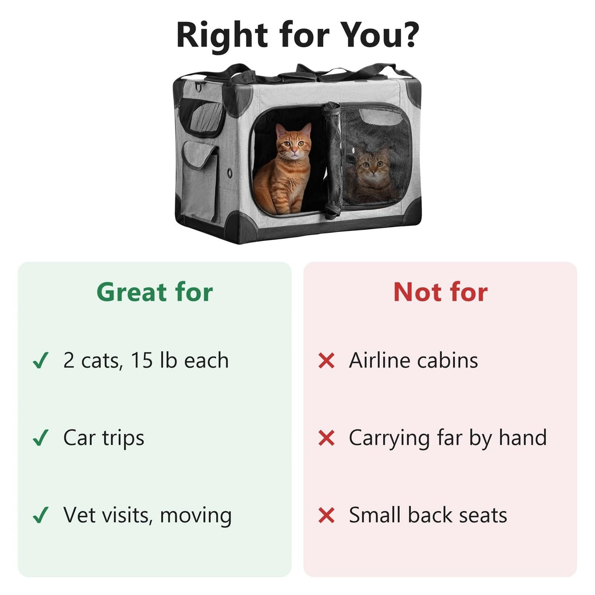 FuzzyNest Large Cat Carrier for 2 Cats, 24x17x17 in, Metal Frame, Gray