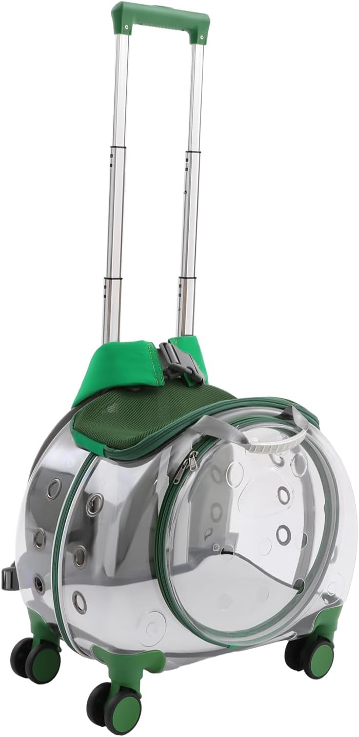 Portable Clear Cat Carrier, Pet Trolley Case with Silent Wheels, Green