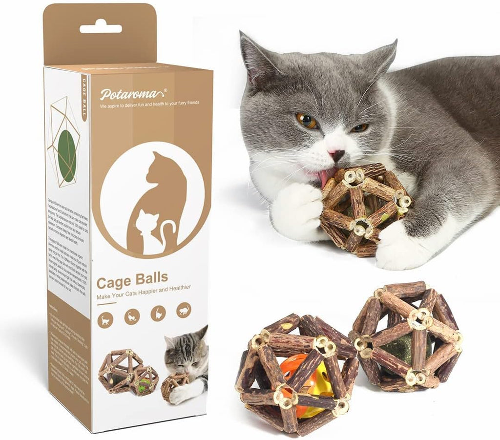 Potaroma Catnip Toys, 3Pcs Cat Toys Natural Silvervine Stick Cage Balls & Bell Ball for Indoor Cats, Kitten Cleaning Tee