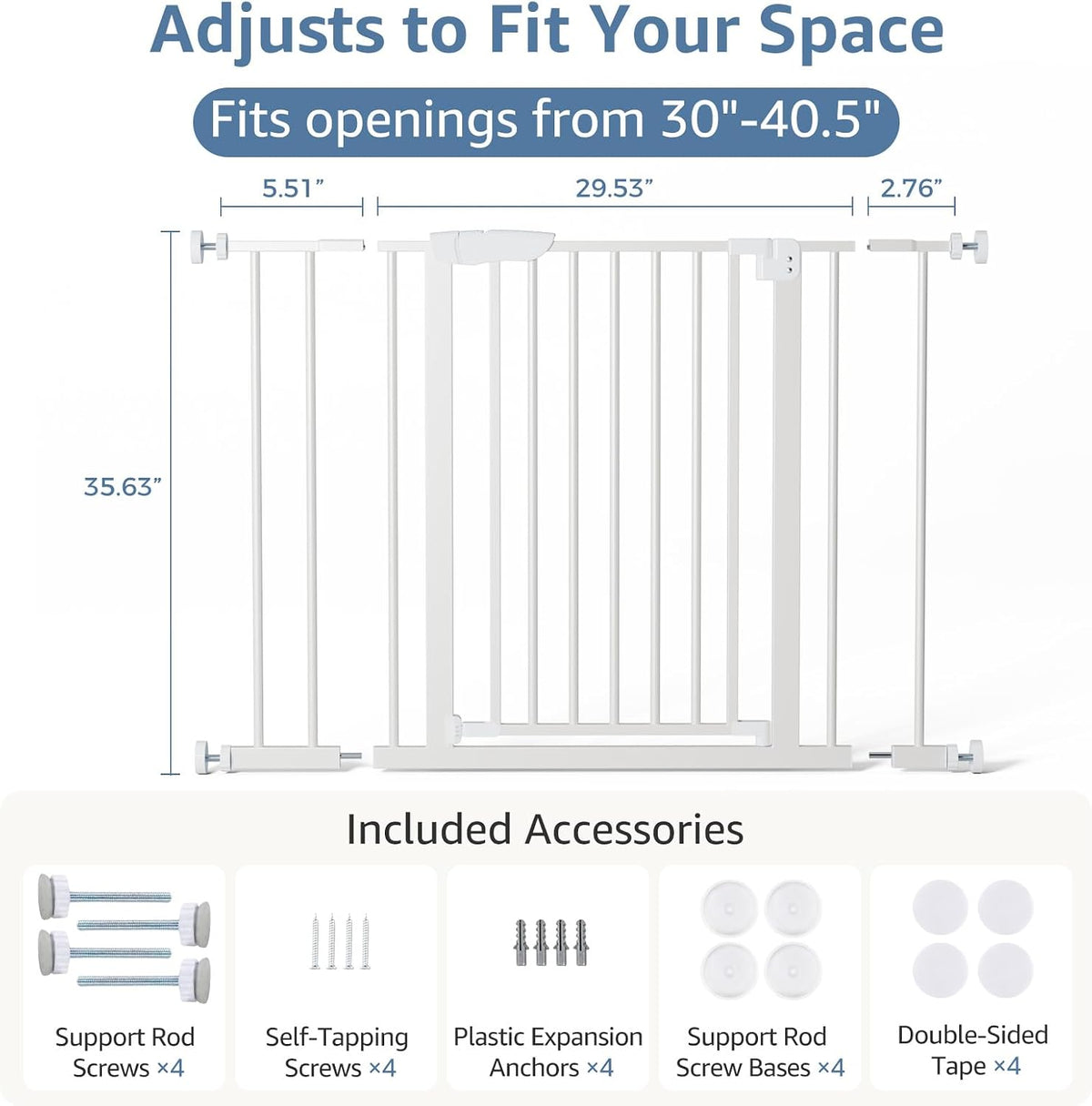 DUMOS 36 in Extra Tall Baby Gate for Stairs, 30-40.5 in, Auto Close, White