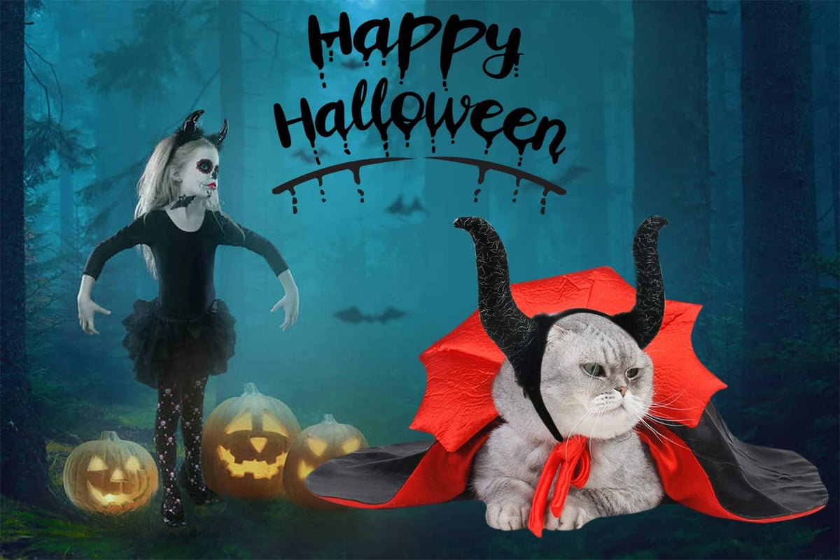 2 Pcs Dog Halloween Costume Set Cat Witch Vampire Cape Devil Horns Hat Holiday Clothes for Cat Puppy Halloween Party Pet