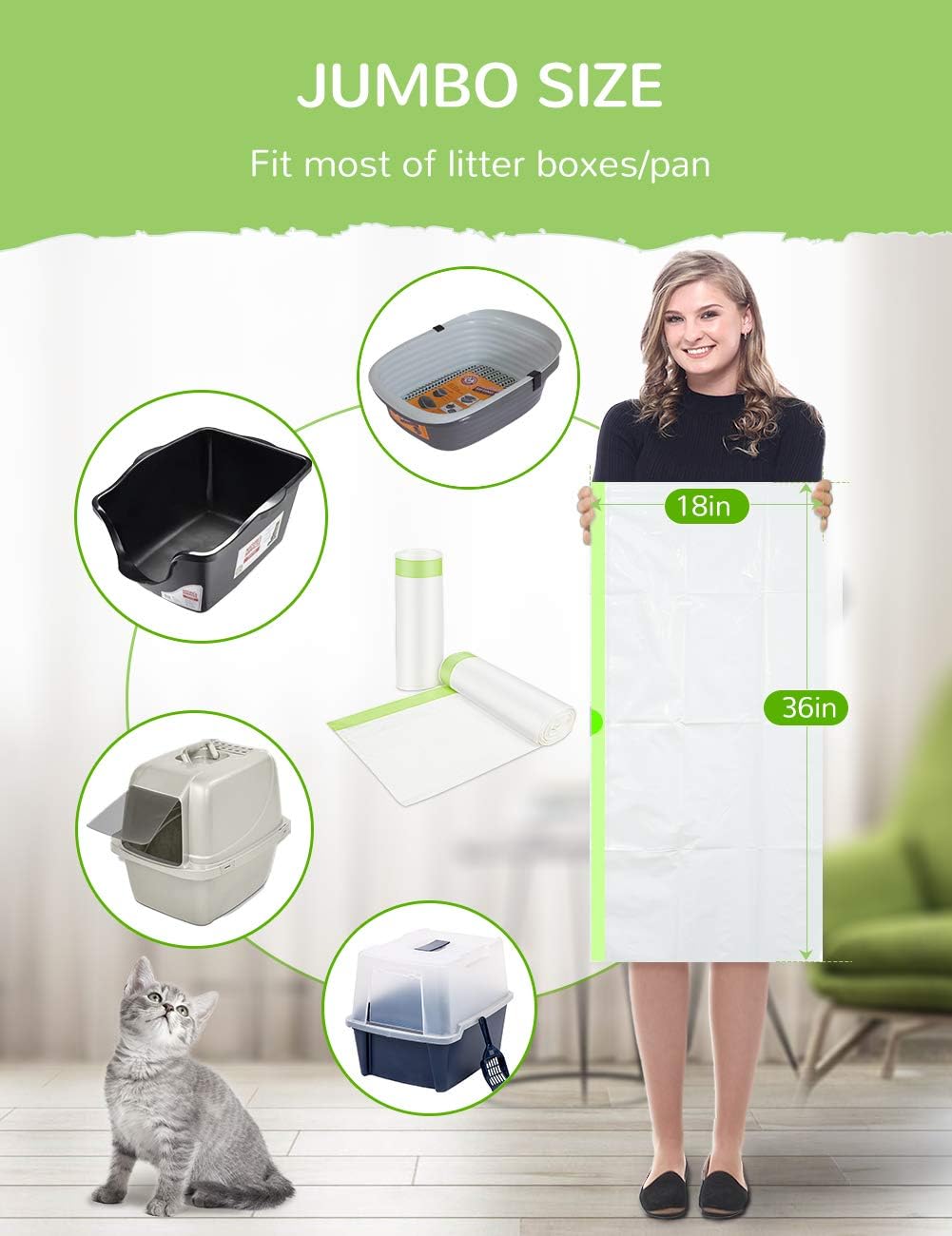 Litter Box Liners, 34 Count Jumbo Cat Litter Pan liners, Drawstring Litter Liner Bags For Litter Box, Easy Clean Up Thic