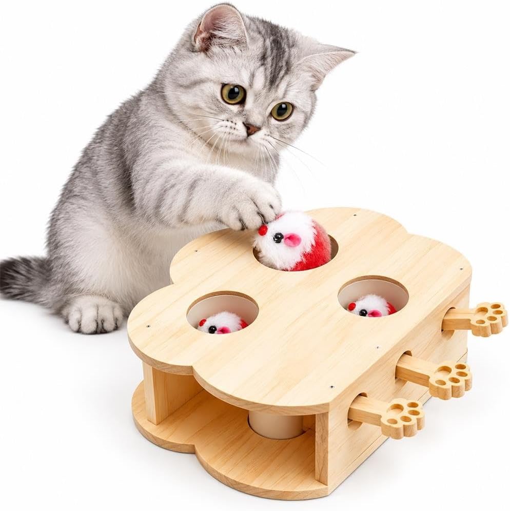 Wooden Whack a Mole Cat Toy Interactive Pop Up Mouse Hunting Game