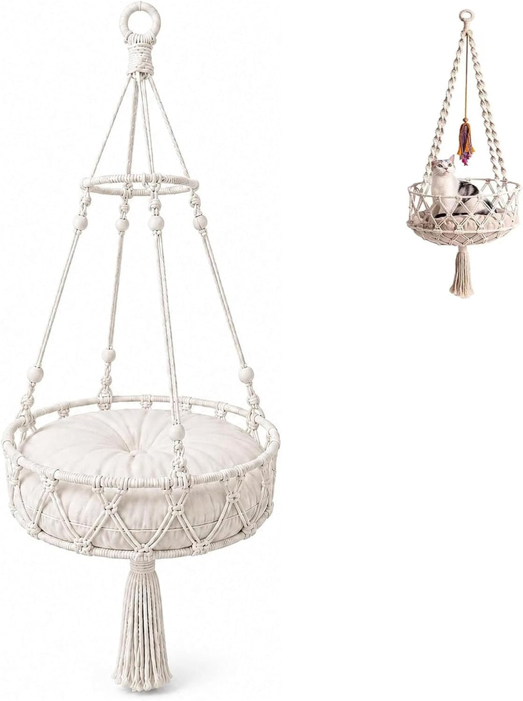 Macrame Cat Bed Hanging, Boho Hammock with Cushion for Indoor Cats (C,Diameter 50 cm)