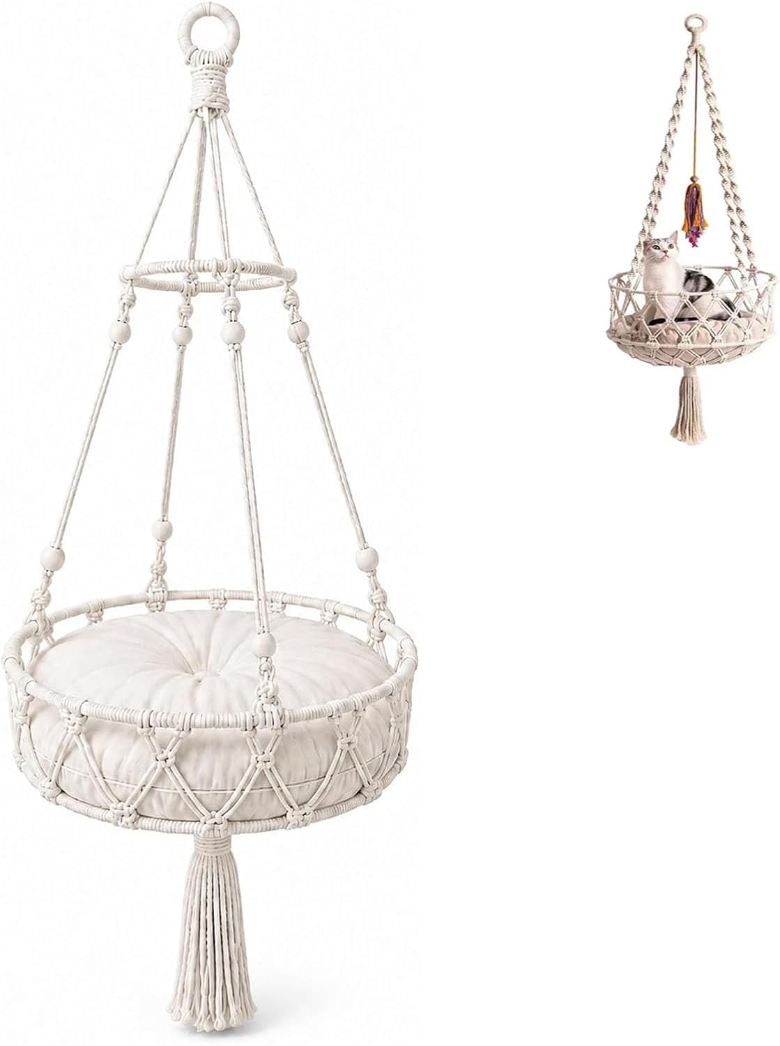 Macrame Cat Bed Hanging, Boho Hammock with Cushion for Indoor Cats (C,Diameter 50 cm)