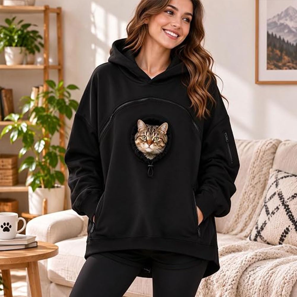 Tibue Pet Pouch Carrier Hoodie with Dog Pouch, Cat Hoodie with Pouch (Black,Large)