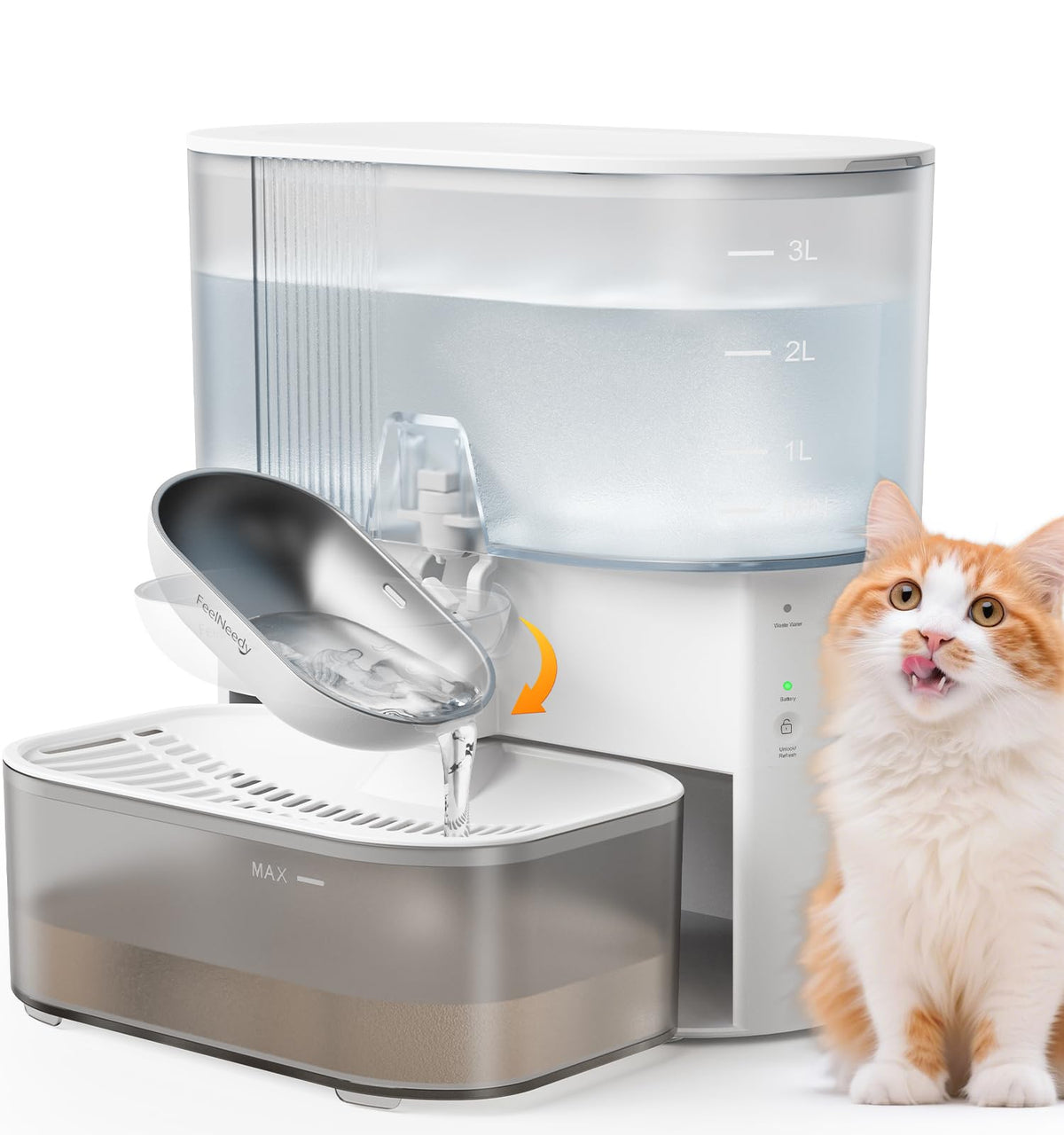 Wireless Cat Water Fountain No Filters, Wastewater Separation, FEELNEEDY Stainless Steel Bowl, 3.5L Pet Water Fountain for Cats & Dogs Dispenser, White