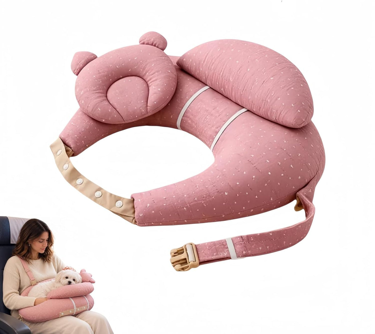Soft Pet Travel Lap Pillow, U-Shaped Dog Car Seat Bed with Cute Bear Headrest, Portable Puppy Carrier Cushion for Train 
