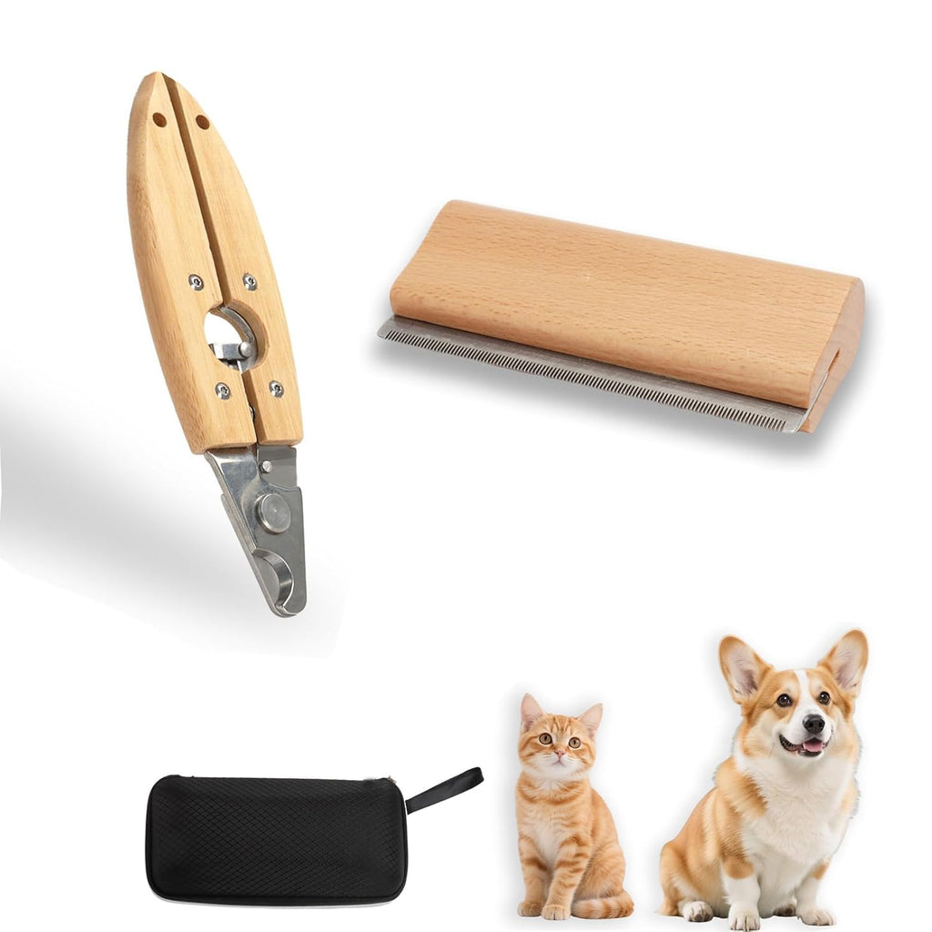 Dog Comb for Shedding Kit 2-in-1 Wooden Grooming Shedding Brush for Dogs & Cats Pet Hair Removal Tool with Ergonomic Gri