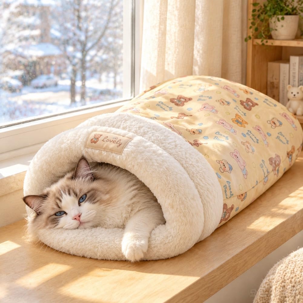 Cat Sleeping Bag Warm Soft Fluffy Cozy Pet Bed for Indoor Cats