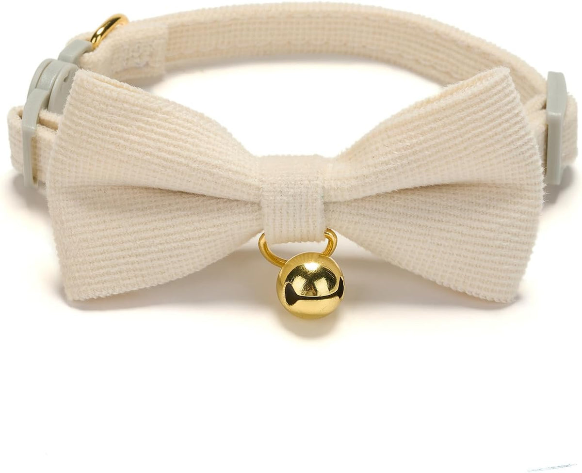 Breakaway Cat Collar with Bow Tie and Bell Adjustable Soft Corduroy Pink Kitten Collars for Girl Cats