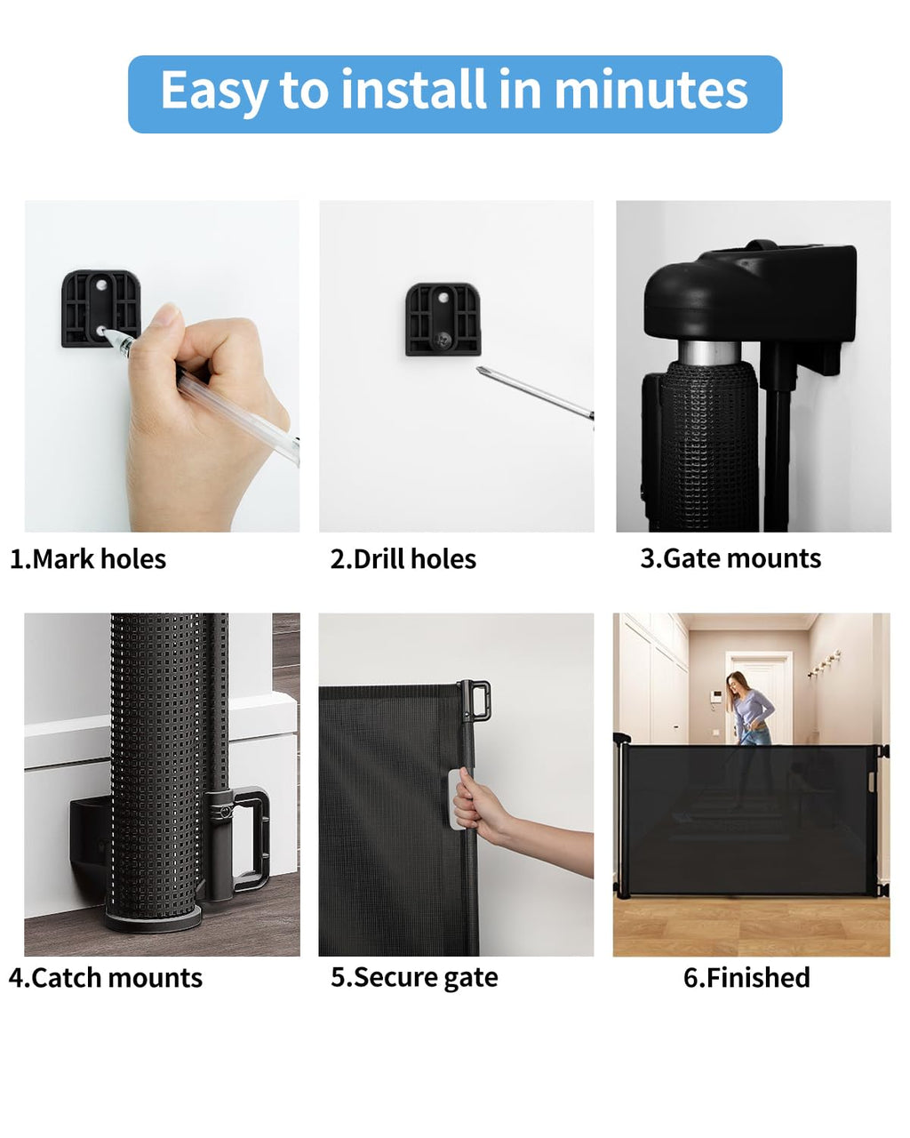 Veraste Retractable Baby Gate for Doorways and Stairs, Mesh Safety Gate for Pet, Indoor & Outdoor Use, One-Hand Operation, Easy Installation, 33.6" Tall, Expands to 55" Wide（Black）